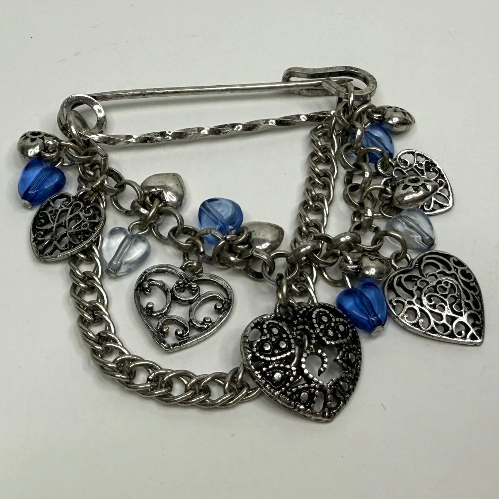 VTG Heart Charm Cluster Lapel Pin Brooch Silver and Blue Beads Statement Jewelry
